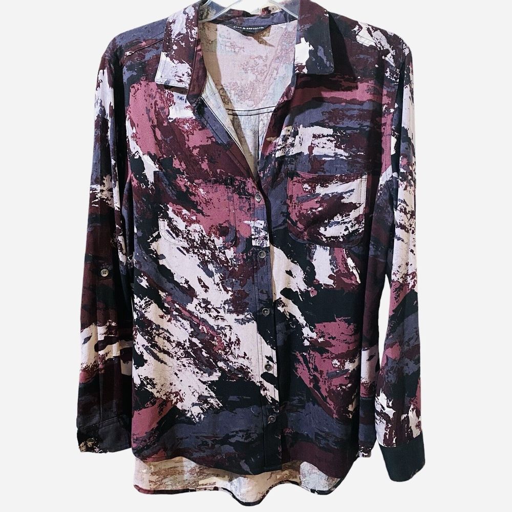 Rock & Republic Split Neck Multicolored Roll Tab Sleeve Hi Lo Tunic Women’s Sz M